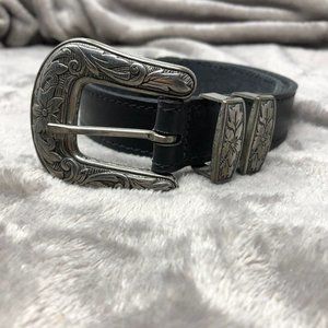 Genuine English Bridle Leather Belt Black Silvertone Buckle Loops Size Medium